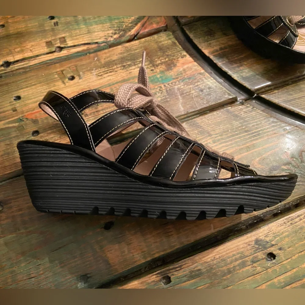 FLY London Multi-strap Lace Up Wedge Black Patent Yito Sandals - Picture 11 of 11